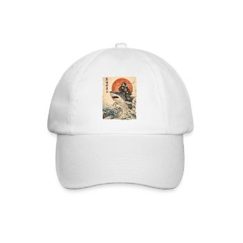 Samurai Cat Riding Shark Japanese Ukiyoe - Baseball Cap - white/white - Front