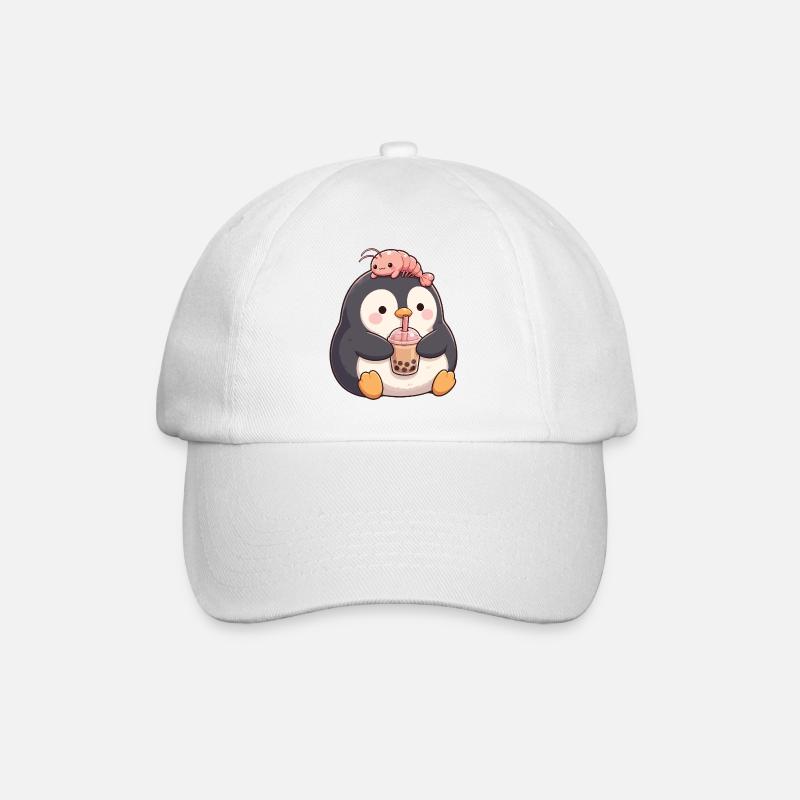 Kawaii Penguin Bubble Tea Boba Shrimp Low - Baseball Cap - white/white