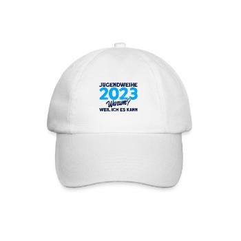 Jugendweihe 2023 Warum Weil Ich Es Kann Geschenk - Baseballkappe - Weiß/Weiß - Vorne