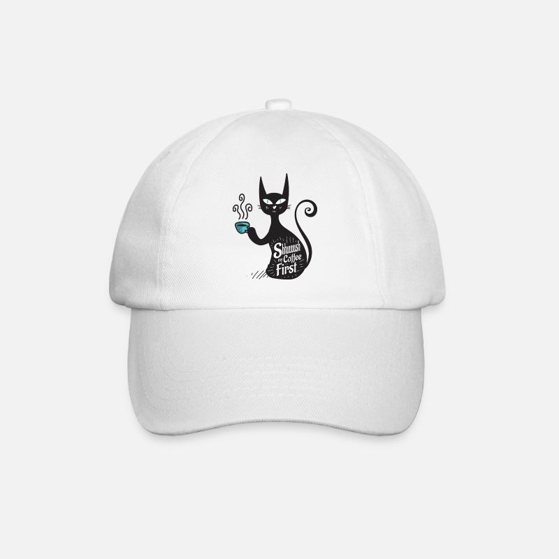 black coffee and black cat, shhh coffee first - Baseball Cap - white/white