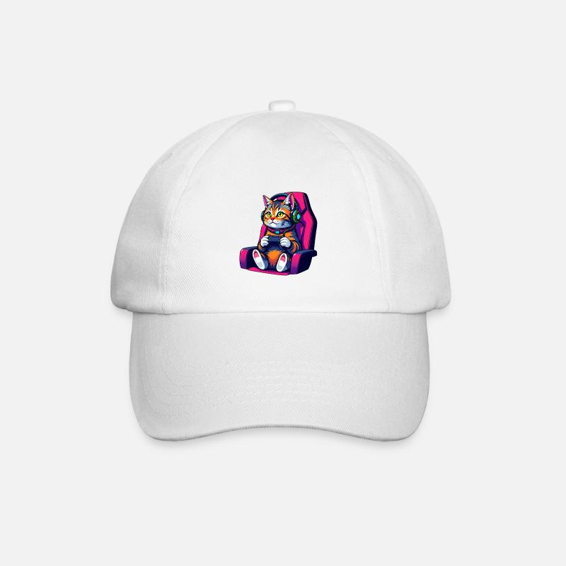 Retro Gamer Cat with Headset and Controller - Baseball Cap - white/white