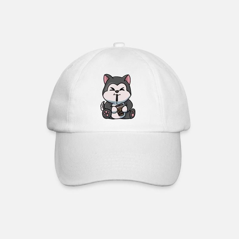 Anime Kawaii Bubble Tea Drinking Husky Hand Drawn - Baseball Cap - white/white