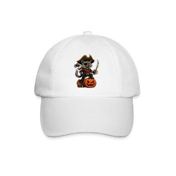 Piraten-Katze mit Kürbis, Schatztruhe und Spinne - Baseballkappe - Weiß/Weiß - Vorne