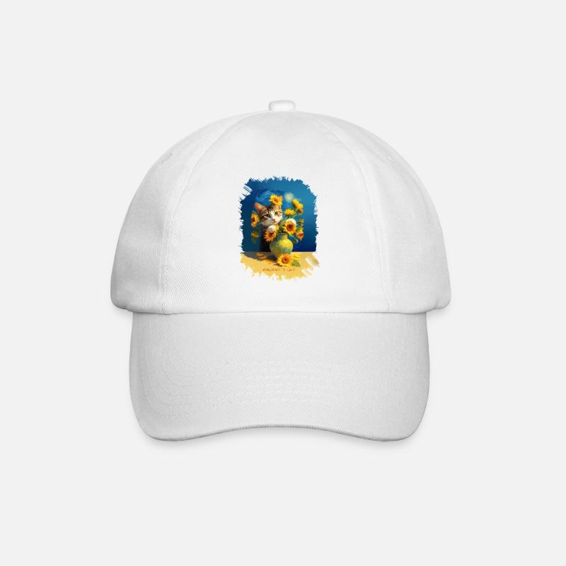 🌻😻 Vincents Katze unter Sonnenblumen – Malerei - Baseballkappe - Weiß/Weiß
