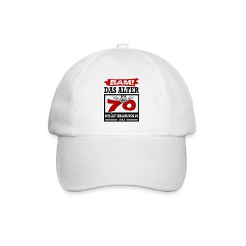 Geburtstag 70 Bam Boom Bombe Das Alter schlägt zu - Baseballkappe - Weiß/Weiß - Vorne