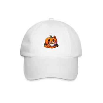 Halloweenkürbis trinkt eine Tasse Tee - Baseballkappe - Weiß/Weiß - Vorne
