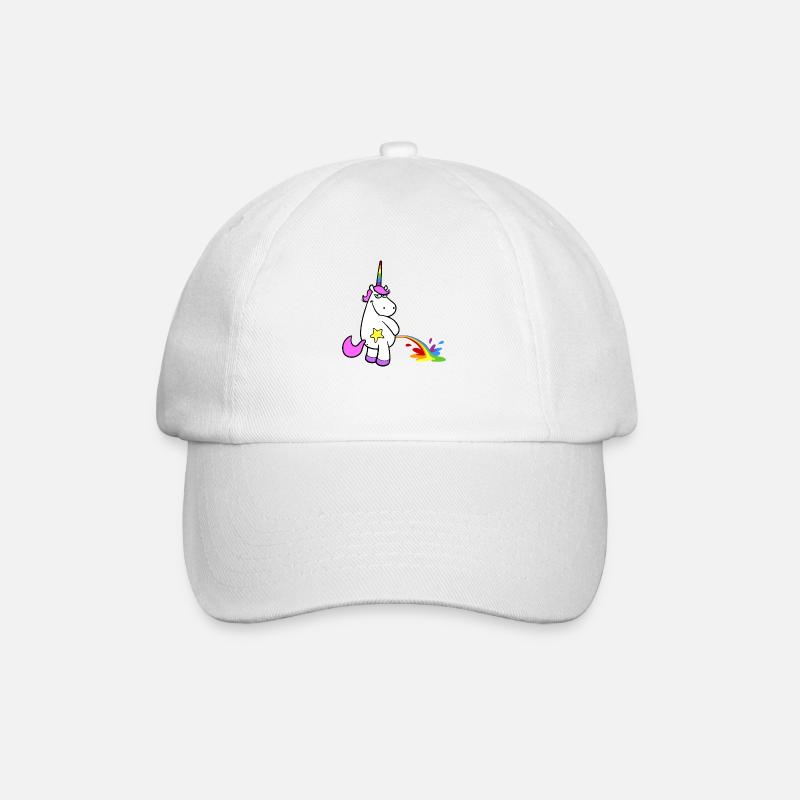 Freches Cartoon Einhorn pinkelt stehend Regenbogen - Baseballkappe - Weiß/Weiß