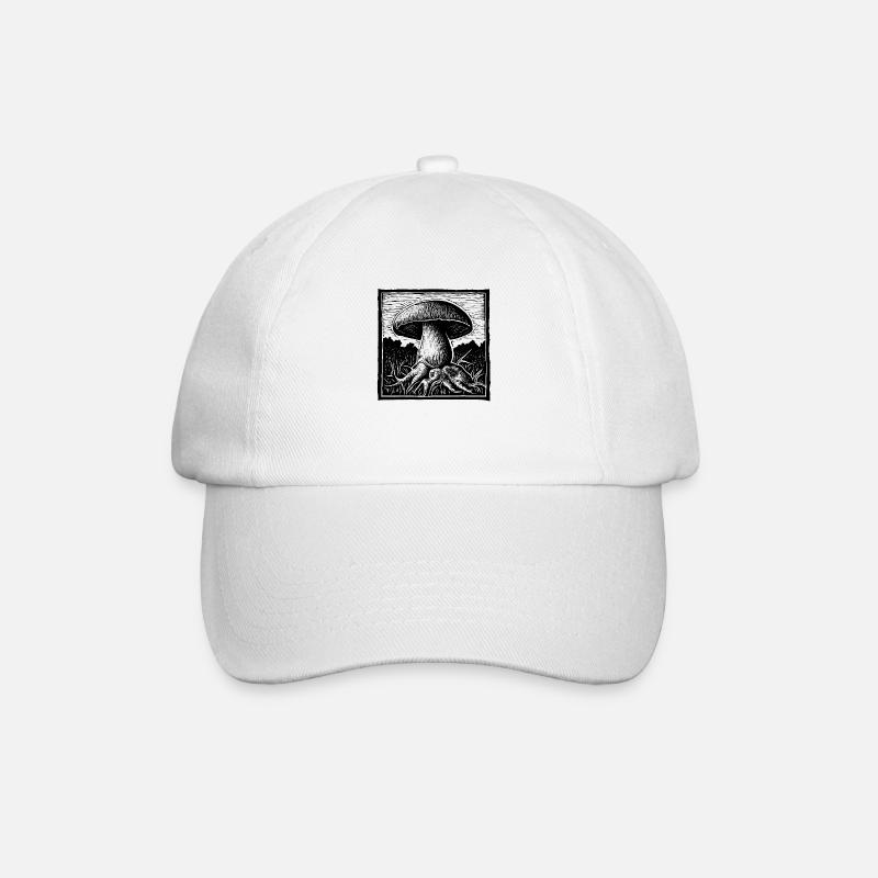 Steinpilz Retro-Kunst mit schwarzem Linolschnitt - Baseballkappe - Weiß/Weiß