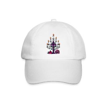 Kerzenständer, Menschenschädel, Rosenblüte - Baseballkappe - Weiß/Weiß - Vorne