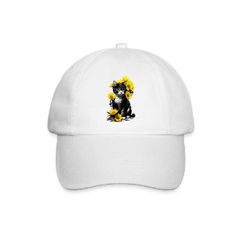 Chaton assis avec des fleurs jaunes - Casquette classique - blanc/blanc - Devant