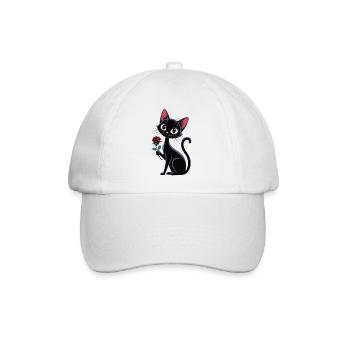 Schwarze Katze mit Rose - Geschenk für Katzenfans - Baseballkappe - Weiß/Weiß - Vorne
