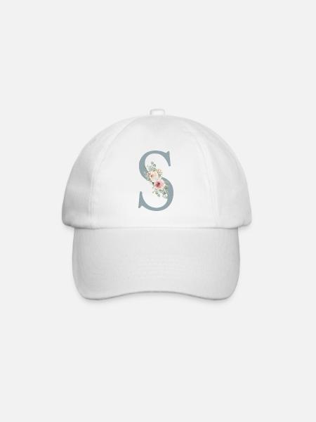 S| Monogramm | Eukalyptus-Pastell-Blumen-Blau - Baseballkappe - Weiß/Weiß