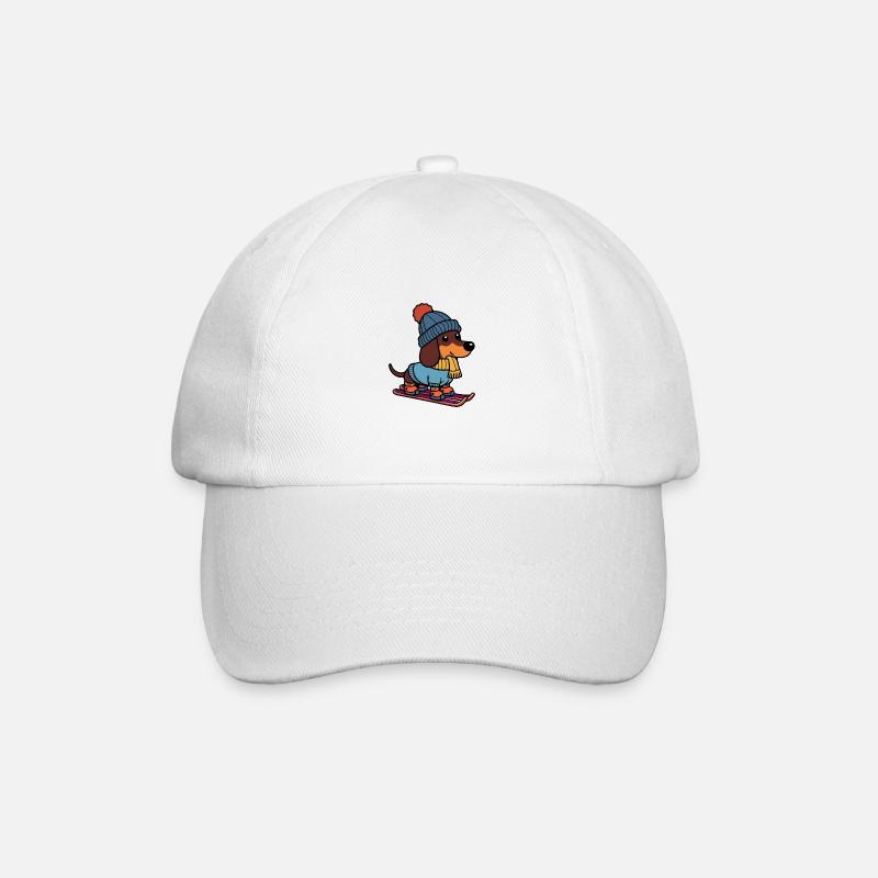 Winter Dog Dachshund Hat Scarf Ski on Skis - Baseball Cap - white/white