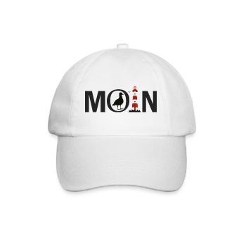 Ostsee Nordsee Spruch Moin mit Möwe und Leuchtturm - Baseballkappe - Weiß/Weiß - Vorne