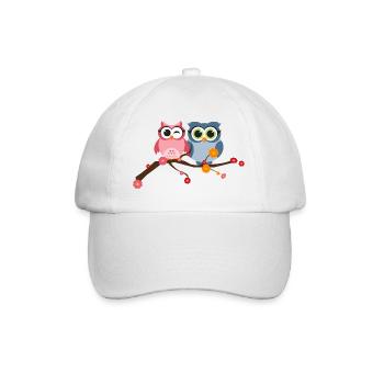 Two cute owls birds on a branch with flowers - Baseball Cap - white/white - Front