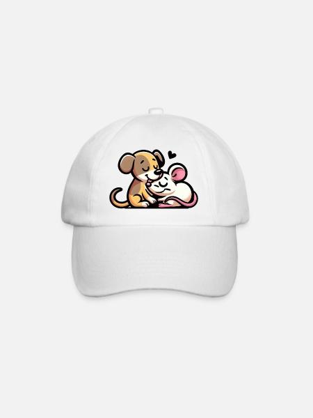 Cuddling Dog And Mouse In Love - Baseballkappe - Weiß/Weiß