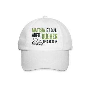 Cozy Bücher & Matcha Katze T-Shirt Geschenk - Baseballkappe - Weiß/Weiß - Vorne