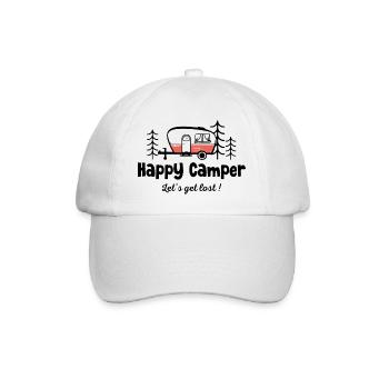 Happy Camper Camping Design Wohnwagen, Line Art - Baseballkappe - Weiß/Weiß - Vorne