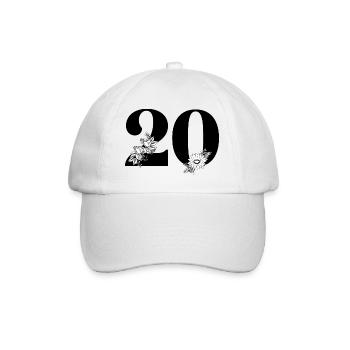 Nummer 20 Schwarze Blumen - 20-jähriges Blumenjubiläum - Baseballkappe - Weiß/Weiß - Vorne