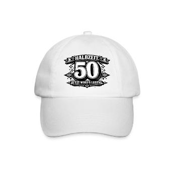 Halbzeit 50 – Jetzt wird's lustig - Baseballkappe - Weiß/Weiß - Vorne
