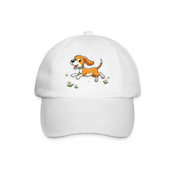 Fröhlicher Beagle läuft auf dem Feld - Baseballkappe - Weiß/Weiß - Vorne