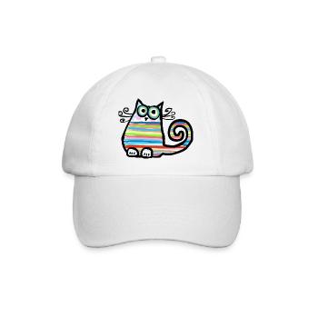 Bunt gestreifte, lustige Katze - handgezeichnet - Baseballkappe - Weiß/Weiß - Vorne