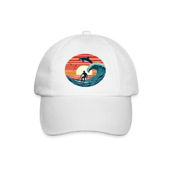 Surfer mit Delfin im Sonnenuntergang - Baseballkappe - Weiß/Weiß - Vorne