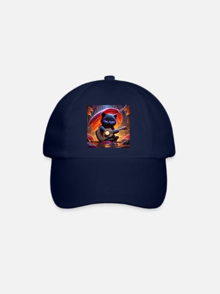 Schwarze Katze mit lila Augen spielt Gitarre - Baseballkappe - Blau/Blau