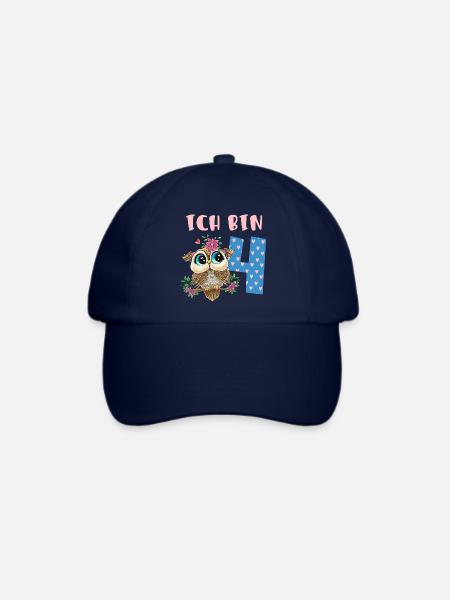 Ich Bin 4 Süße Eule Mit Blumen Mädchen Geburtstag - Baseballkappe - Blau/Blau