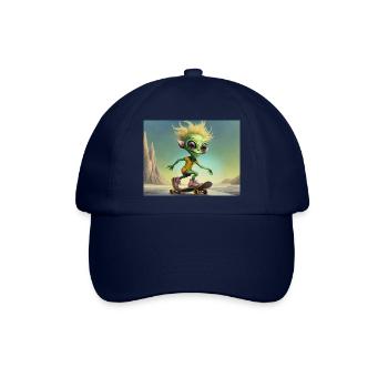 niedliches kleines grünes Retro Alien Skateboarden - Baseballkappe - Blau/Blau - Vorne