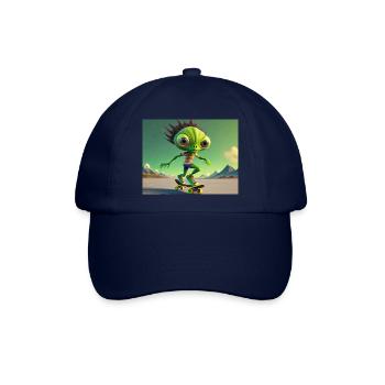 niedliches kleines grünes Retro Alien Skateboarden - Baseballkappe - Blau/Blau - Vorne