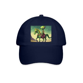 niedliches kleines grünes Retro-Alien reitet auf einem Pferd - Baseballkappe - Blau/Blau - Vorne