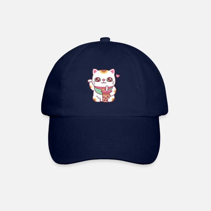 Cute Maneki Neko Cat With Bubble Tea - Baseball Cap - blue/blue