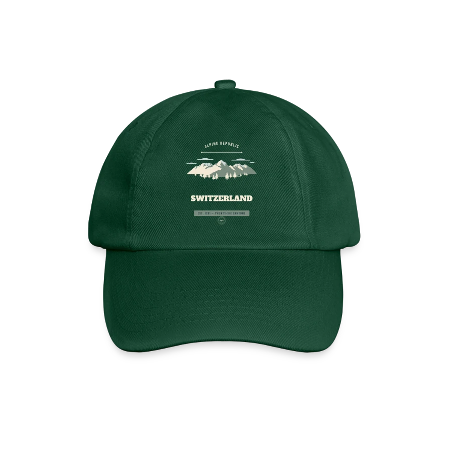 Switzerland badge on a baseball cap, bottle green
