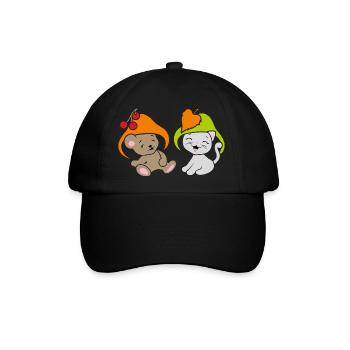 Lustiger Babybär und niedliches Kätzchen mit Pilzhut - Baseballkappe - Schwarz/Schwarz - Vorne