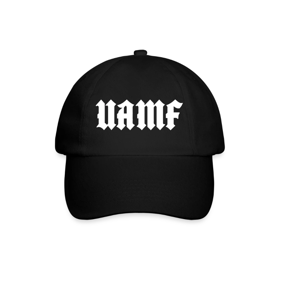 Gorra negra de béisbol con UAMF estampado en blanco en el frontal