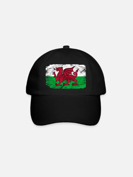 Wales Flag - Vintage Look - Baseballkappe - Schwarz/Schwarz