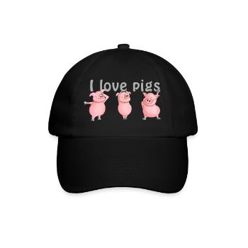 Schwein "I love pigs" - Baseballkappe - Schwarz/Schwarz - Vorne