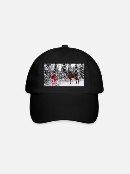 Winterfreude: Santa und Rentier im Schnee - Baseballkappe - Schwarz/Schwarz