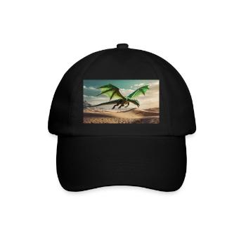 Ein realistischer majestätischer grüner Drache fliegt - Baseballkappe - Schwarz/Schwarz - Vorne