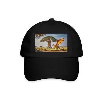 Realistischer orangefarbener Drache in einer afrikanischen Wüste - Baseballkappe - Schwarz/Schwarz - Vorne