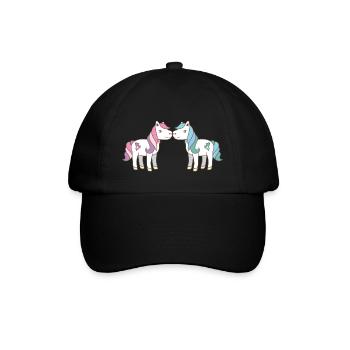 zwei niedliche Einhörner, die Rosa und Aqua küssen - Baseballkappe - Schwarz/Schwarz - Vorne