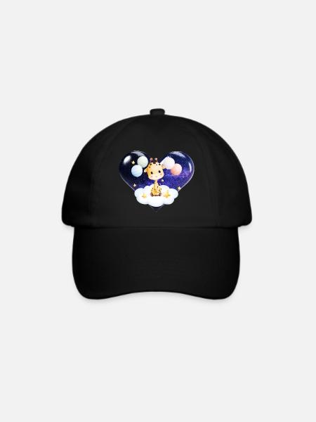 Giraffenbaby mit Wolkensternen, Luftballons und Herz - Baseballkappe - Schwarz/Schwarz