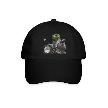 Ein gut gekleidetes grünes Reptil auf einem Motorrad - Baseballkappe - Schwarz/Schwarz - Vorne