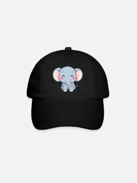 Niedlicher glücklicher Elefant - Entzückende Karikatur - Baseballkappe - Schwarz/Schwarz