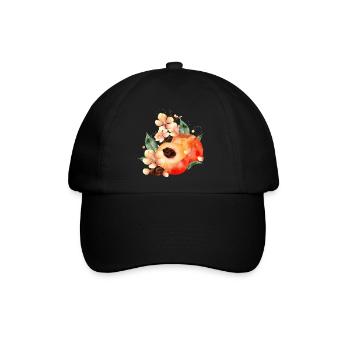 Pfirsichhälfte,Pfirsiche,Blätter & Pfirsichblüten - Baseballkappe - Schwarz/Schwarz - Vorne