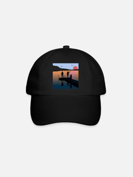 Angeln See Fischen Sonnenuntergang Sonne Sommer - Baseballkappe - Schwarz/Schwarz