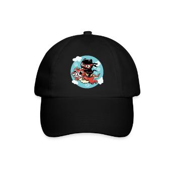 Kawaii Ninja Katze reitet auf einem roten Drachen - Baseballkappe - Schwarz/Schwarz - Vorne