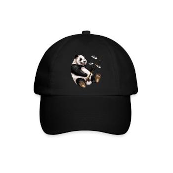 Angelnder Panda, Angel, Fischen - Baseballkappe - Schwarz/Schwarz - Vorne