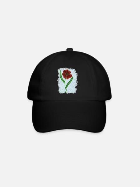 Rostrote Blume mit Grünen Blättern - Baseballkappe - Schwarz/Schwarz